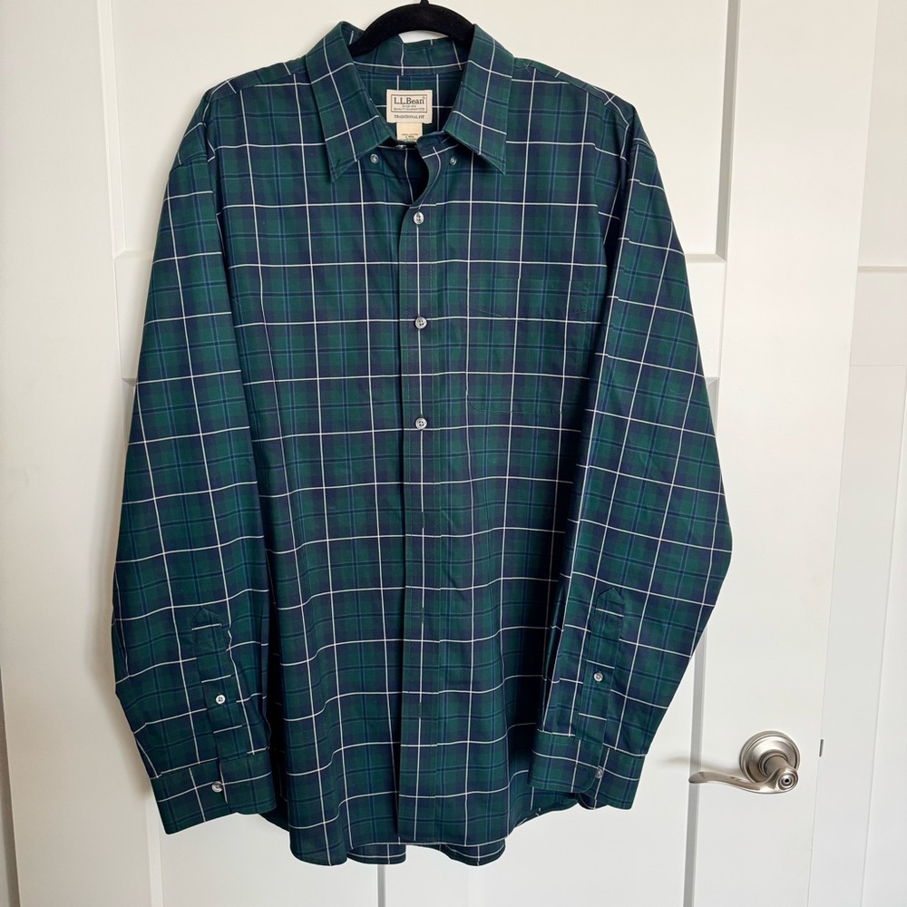 L.L. Bean Traditional Fit Blue Green Plaid Long Sleeves Button Down Shirt Sz L